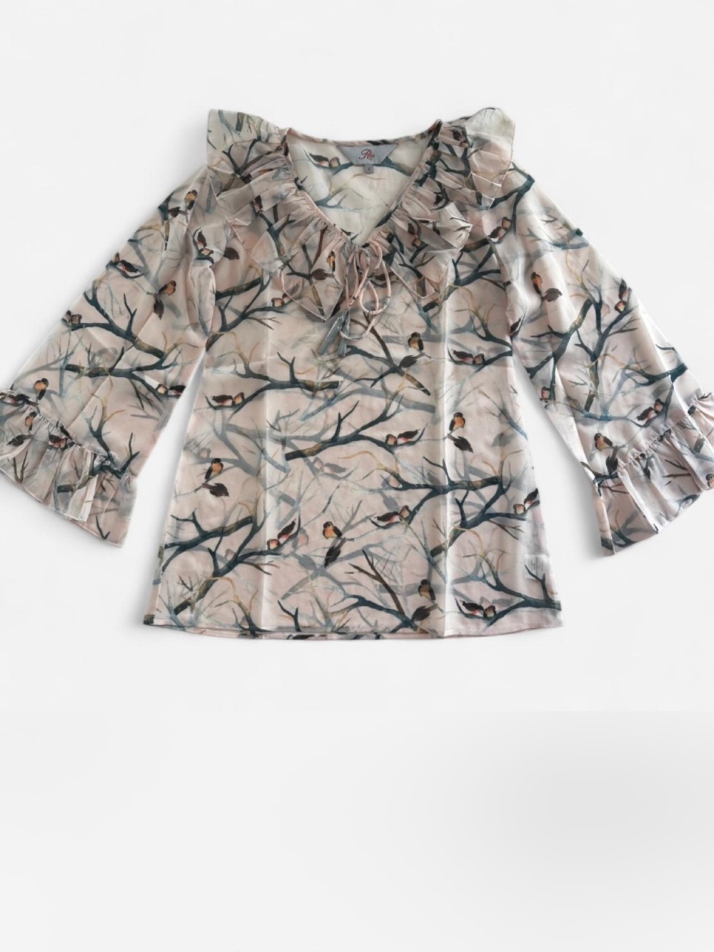 NWOT Roja Georgette Ruffled Tie-Neck Bird Print sheer Blouse